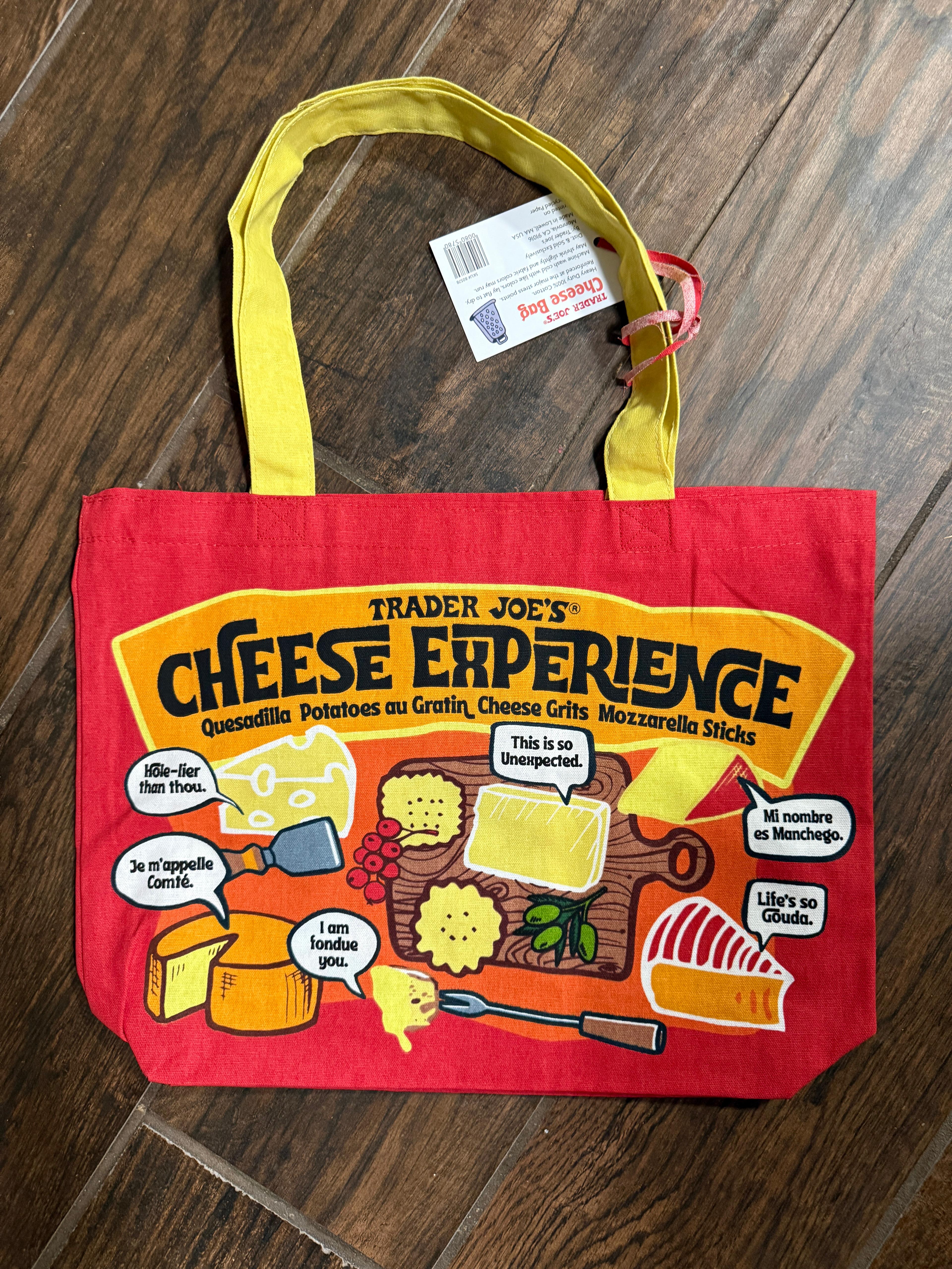 Trader Joes Canva cheese printed reusable tote shopping bag red