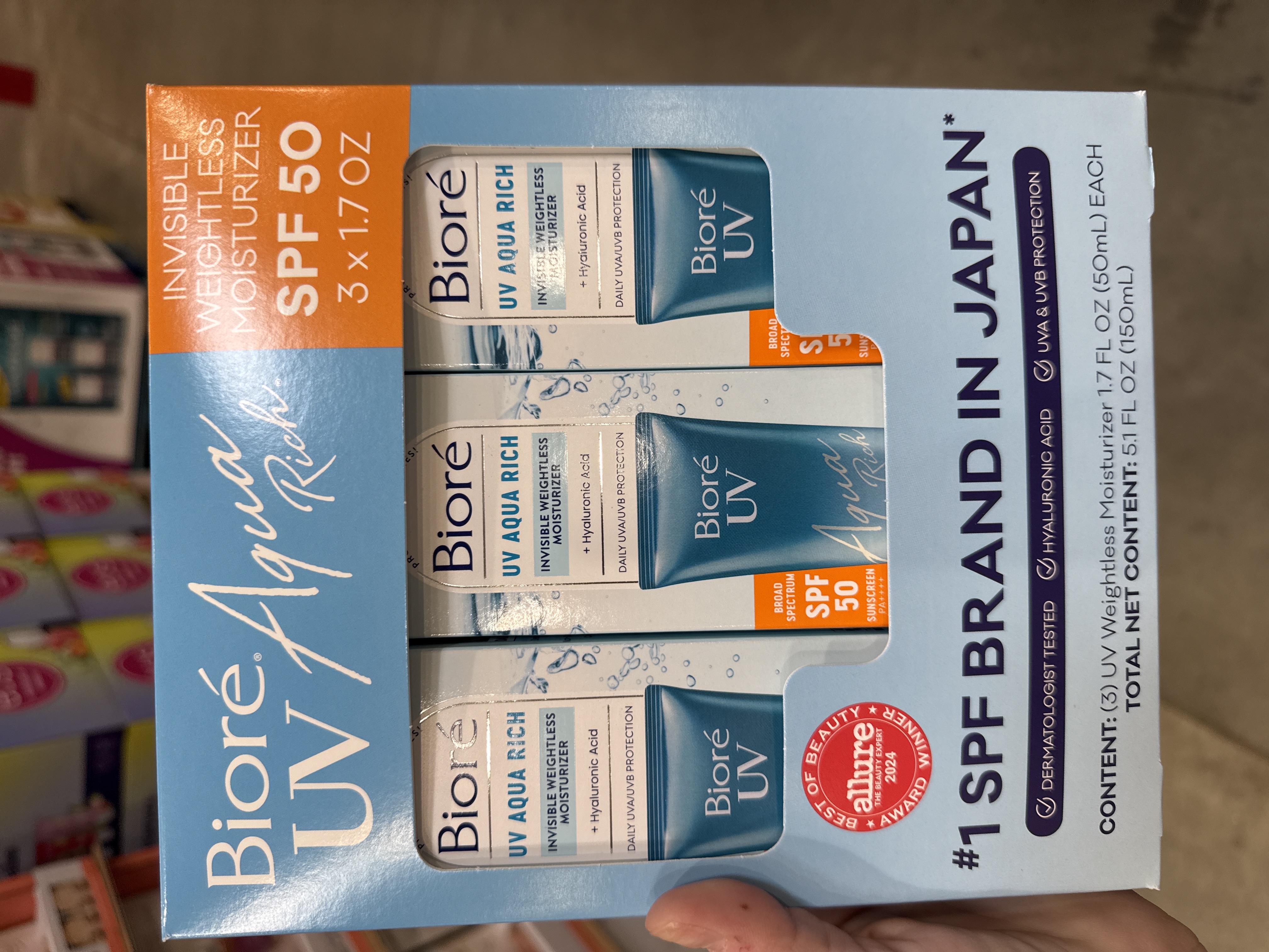 Biore UV aqua rich facial moisturizers spf 50, 3 pack 50ml each