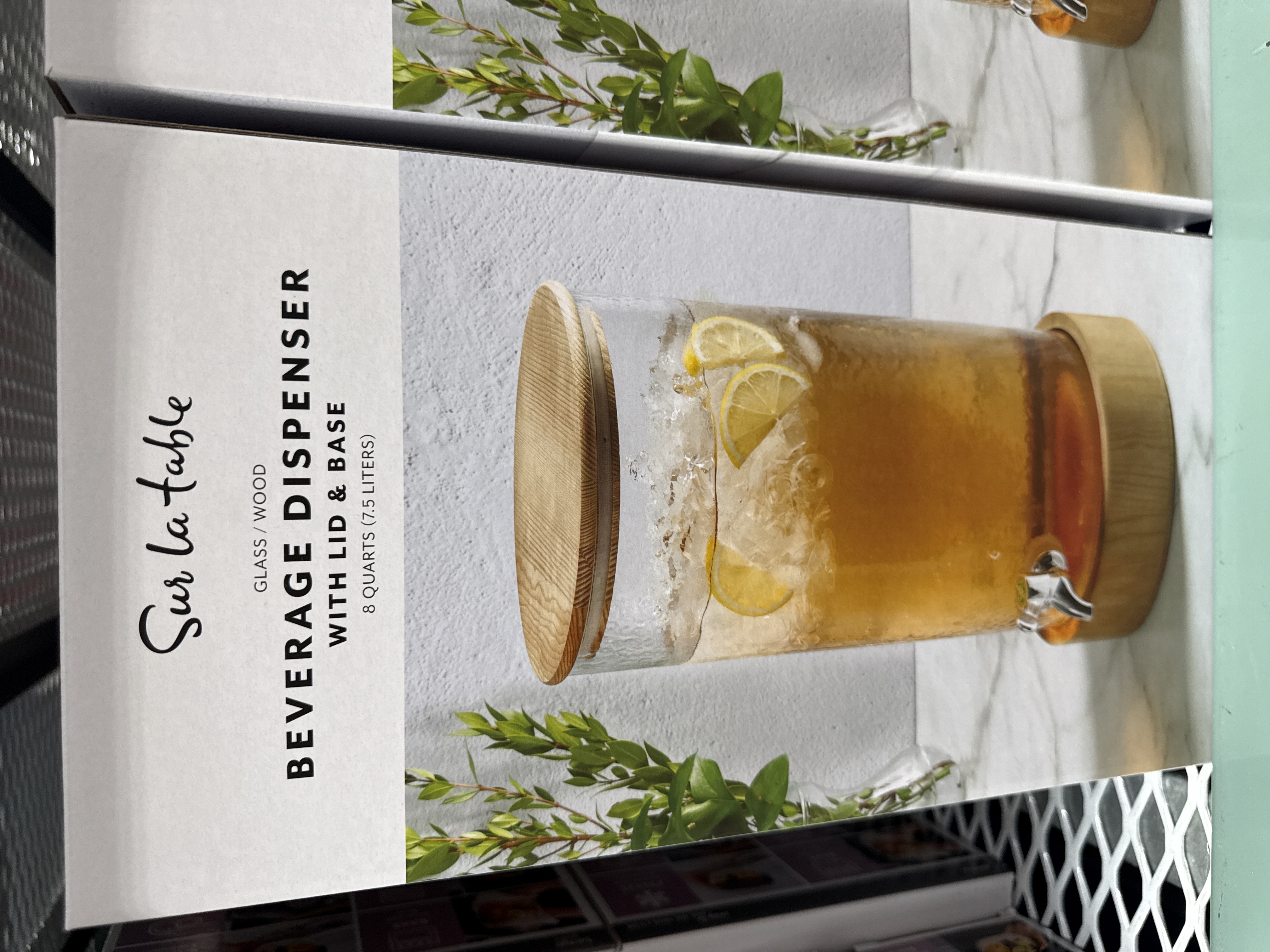 Sur la table glass/wood beverage dispenser with lid and base 8 quarts