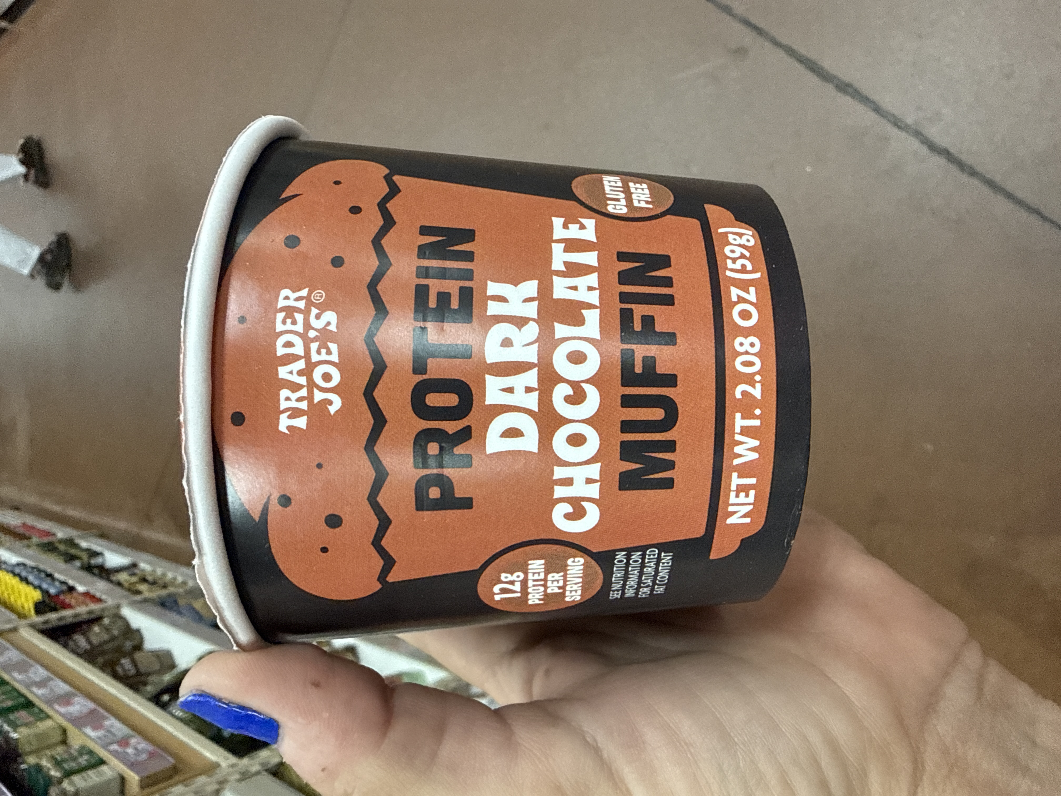 Trader joes Protein, microwaveable dark chocolate muffin 59g