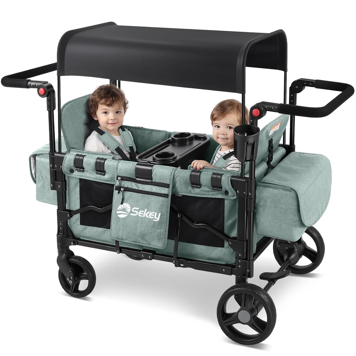 Sekey Wagon Stroller for 2 Kids, Luxury 4-in-1 Stroller Wagon - Premium Quality with Convertible Seats, Adjustable Push Handles, Removable Canopy, Cup Holder